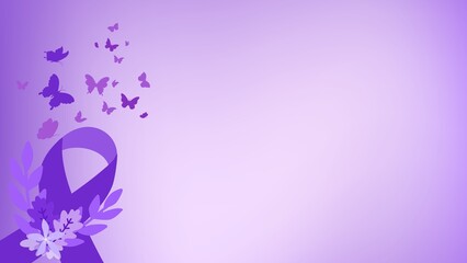 Fototapeta premium World Cancer Day awareness with purple ribbon and flying butterflies