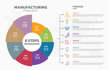 Visual data presentation. Cycle diagram with 8 options. Pie Chart Circle infographic template with 8 steps, options, parts, segments. Business concept. Marketing infographic vector illustration.