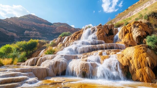 Multi-step cascade waterfall over terraced rock formations, rich mineral deposits coloring the stone, clear sunny day