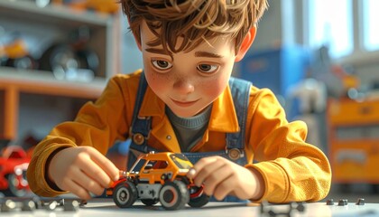Young boy assembling a toy car on a table, enjoying playtime