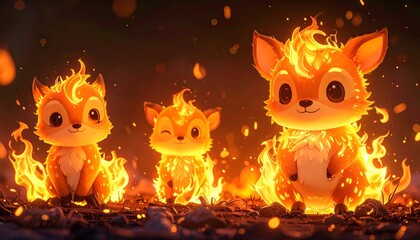 Three cute baby fire foxes glowing brightly in a dark forest