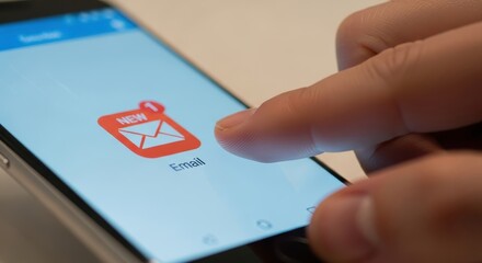 Close-up of a finger interacting with an email notification icon on a smartphone screen, conveying the anticipation and allure of digital communication. 