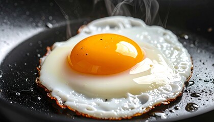 Close-up of a perfectly fried egg in a hot pan. The bright yellow yolk is slightly runny, contrasted by the white egg-white