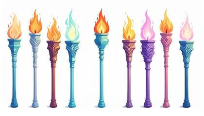 Set of colorful fantasy torches with burning flames on white background