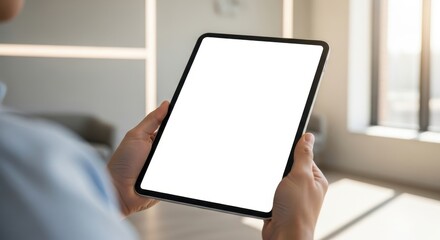 Person holding a modern tablet device with blank screen for app showcase in bright interior setting
