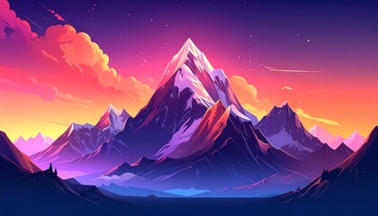 Vibrant mountain peaks illuminated by dramatic sunset sky at twilight