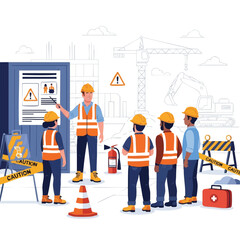 Fototapeta premium Construction safety briefing workers in hard hats.