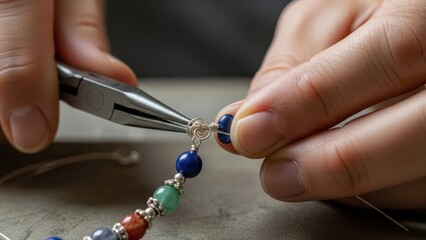 Obraz premium Close-up of hands crafting a colorful beaded jewelry piece with pliers on a work surface.