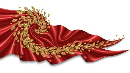 Red silk fabric flowing with wheat grains scattered on it
