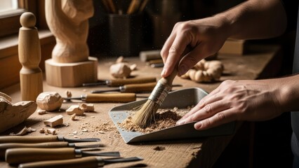 Close-up of hands sculpting with clay on a metal tray in a workshop with natural light.