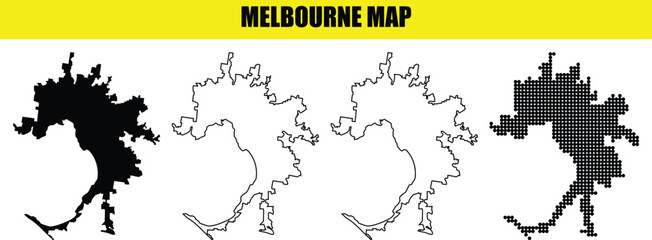 Naklejka premium Melbourne map set with different styles solid black, outline and dotted map on transparent background