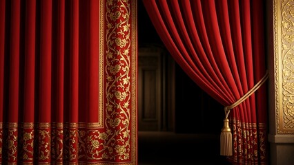 Theater Curtain Opening to Reveal a Darkened Stage with Dramatic Red Drapery and Ornate Details