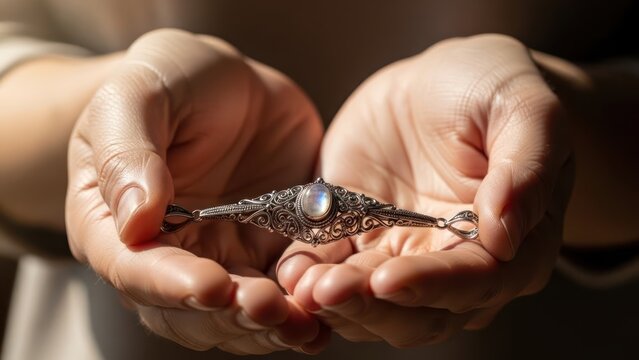 Close-up of hands holding a silver key with a gemstone
