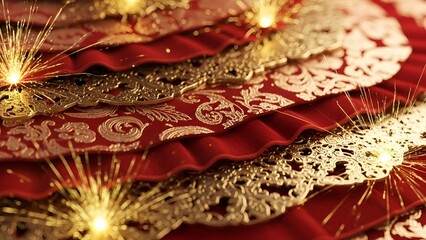 Close-up of a red and gold patterned circular decoration with sparkling lights, suggesting a festive or celebratory occasion