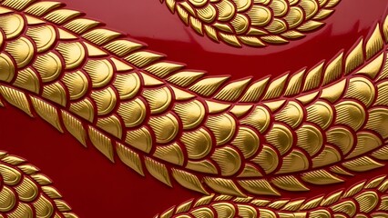 Intricate Gold Dragon Scales on a Rich Red Background - Close-up Detail