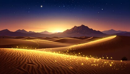 Sparkling golden light illuminating desert dunes under a starry night sky