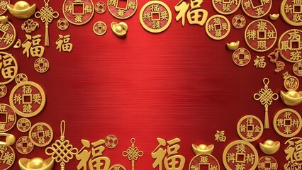 Festive Chinese New Year decorations with gold coins and traditional knots on a red background, symbolizing good fortune and prosperity for a joyful celebration