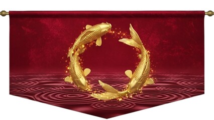 Golden koi fish forming a circle on a red banner with ripples