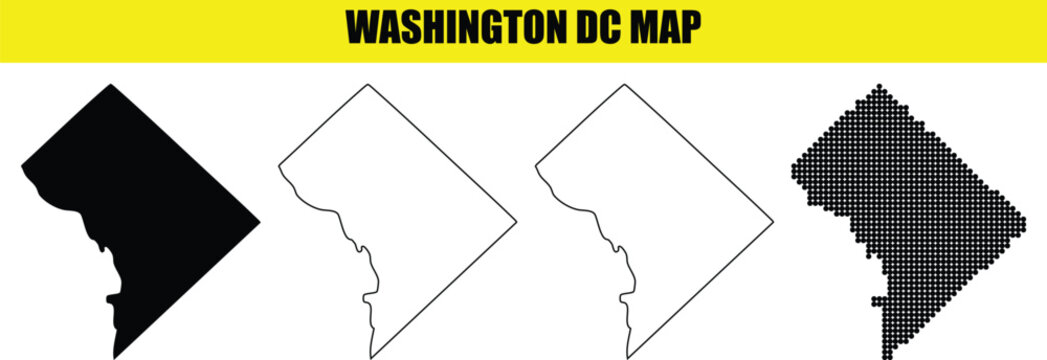 Washington DC map set with different styles solid black, outline and dotted map on transparent background