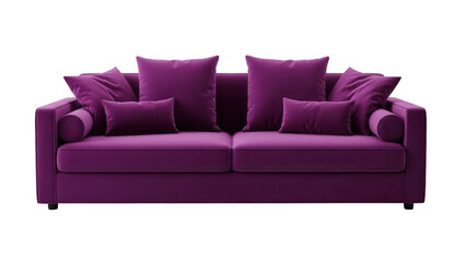 Elegant purple sofa with multiple cushions on transparent background