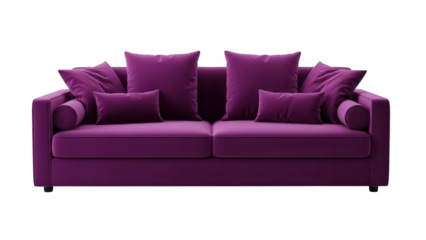 Elegant purple sofa with multiple cushions on transparent background