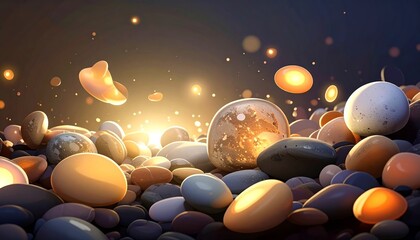 Glowing pebbles and stones illuminated by a mystical light at night