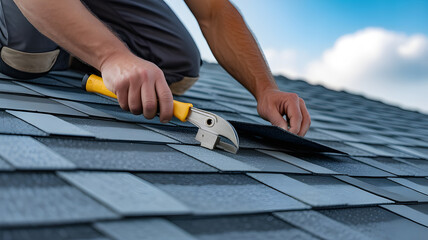 Detailed shot of skilled tradesman laying roof shingles, focus on hands and tools, strong texture and depth, blue sky background, professional workmanship concept, clean composition