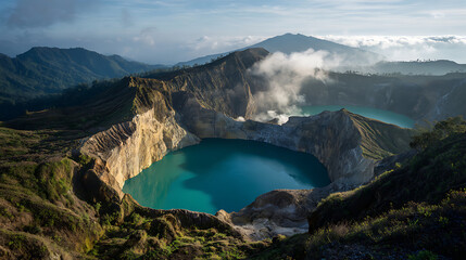 Kelimutu Volcano Crater Lakes With Turquoise Water And Steam graphic design isolated on a transparent background