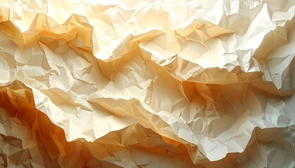 Close-up of intricately crumpled paper, bathed in warm, soft light. Creases create varying textures and shadows across the surface