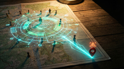 Digital map, location pin, futuristic interface, navigation, technology, strategy, and alert symbol on wooden table