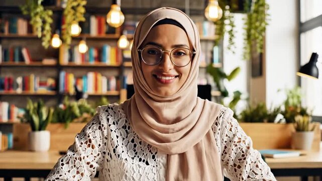 A woman wearing a hijab and glasses smiles while sitting at a desk in a library or study area