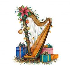 Festive watercolor Christmas harp decorated with lights ornaments and gifts on transparent background
