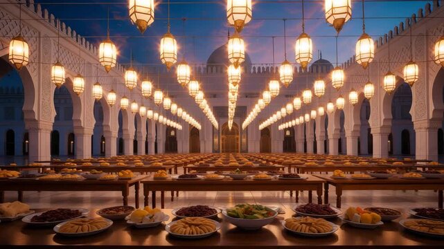 Vibrant iftar feast in a stunning mosque with hanging lanterns