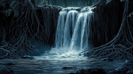 Waterfall flowing into a mangrove swamp, tangled roots, brackish water, unique ecosystem