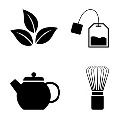 Black tea leaves, tea bag, teapot, and whisk icons isolated. Perfect for a tea-related project.