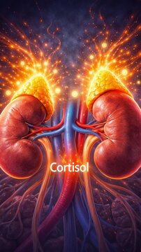 Vivid medical anatomy illustration of kidney and adrenal gland showing cortisol hormone production endocrine system with glowing cortex and medulla neural vascular connections conveying metabolic