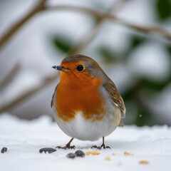 Robin perched amidst snowdrift: A serene winter portrait featuring vibrant bird amidst frosty