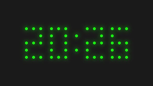 Horizontal 4K animation video. Switch from 2025 to 2026. Green digital clock with LED lights changes time from 20:25 to 20:26 on black. Concept of tech, winter holiday, calendar, CET, event, New Year