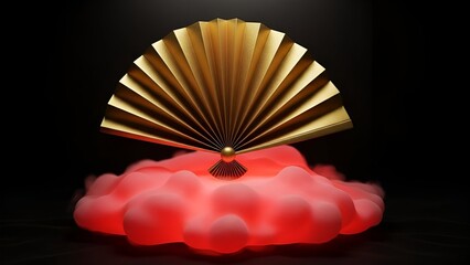 Golden fan on red cloud against black background