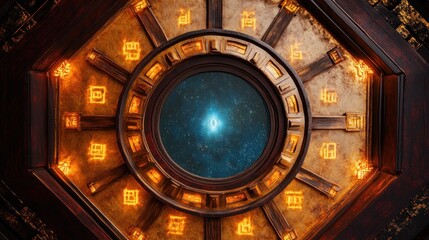 Taoist Bagua mirror, octagonal, central mirror reflecting a calm, swirling void of pure potential, trigrams around edge glow with elemental energy
