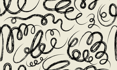 Abstract Hand Drawn Black Swirl Brush Strokes Seamless Pattern. Artistic Charcoal Scribble Line Background for Textile Print, Fabric Pattern, Wrapping Paper, Backdrop. Grunge Texture Wavy Line Art.