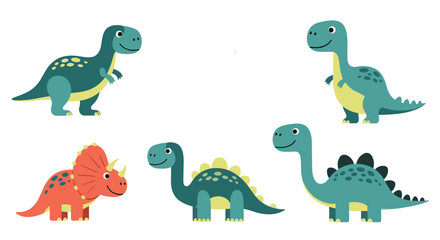Obraz premium Set of cute cartoon dinosaur characters including triceratops, stegosaurus, and long-necked varieties in a playful flat illustration style.