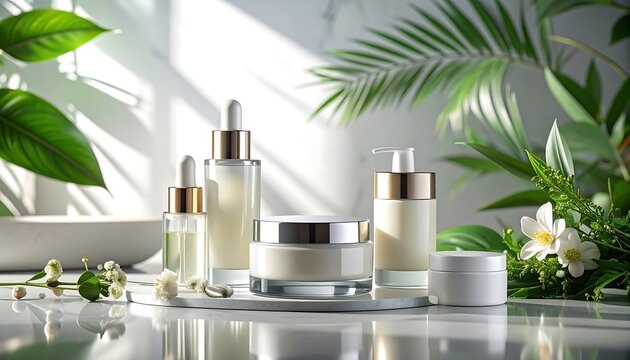 Beauty product collection featuring skincare essentials, set against a backdrop of fresh greenery and a marble surface