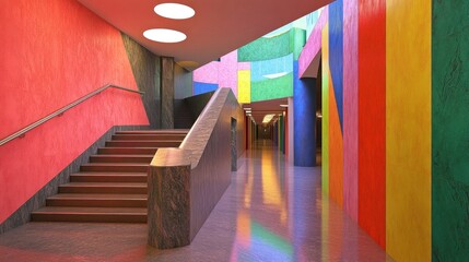 Neue Staatsgalerie, Stirling style, its colorful postmodern elements rendered in stone that has the flat, vibrant quality of Pop Art prints, handrails of polished candy-cane rock