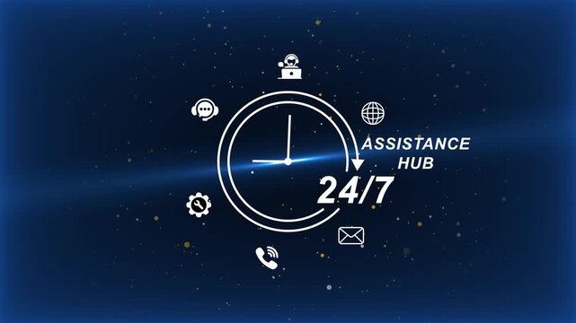 24/7 Assistance Hub Clock with Support on Dark Blue Background support hub customer service help desk