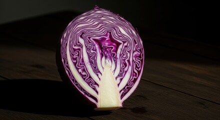 Stunning cross section of vibrant red cabbage on a rustic wooden surface-organic vegetable