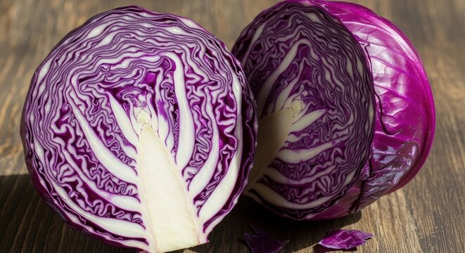 Vibrant red cabbage halves reveal intricate patterns for culinary creativity-organic vegetable - Powered by Adobe
