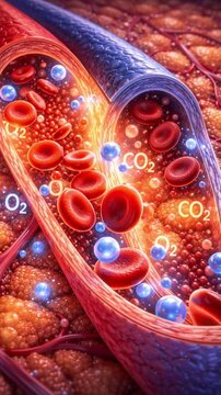 Microvascular blood vessel anatomy system medical showing red blood cell oxygen carbon dioxide co2 o2 exchange glowing capillary tissue oxygenation and circulation delivering oxygen and removing