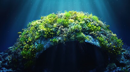 A ruined Atlantean dome structure, overgrown with vibrant, bioluminescent coral that pulses with light