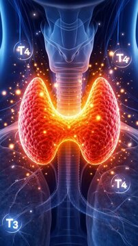 Vibrant medical thyroid anatomy endocrine system illustration glowing warm tones showing gland neck with hormone T4 signaling, metabolism function, system interactions, energetic particles